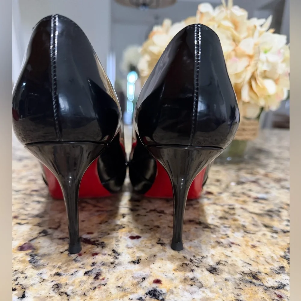Christian Louboutin Black Patent Shelley 85 Peep Toe Pumps, Size 37